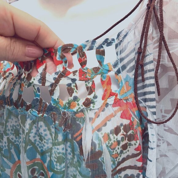 Bongo-Women's Sheer Short Flowy Sleeves Top-Necklace Built in-Med-Blue Boho - Picture 8 of 16